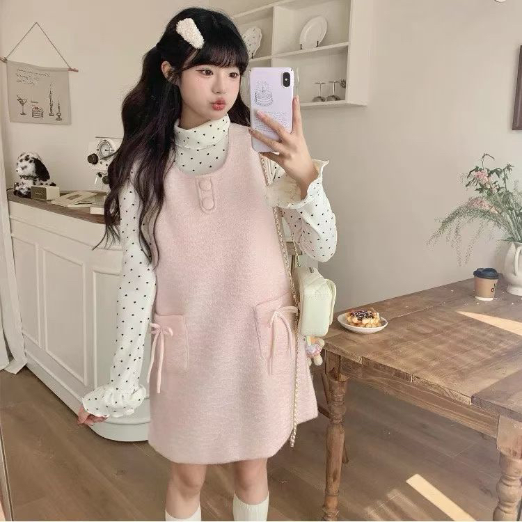 【奶油糖霜】两件套秋冬新款毛呢粉色保暖厚实背带连衣裙套装A5066