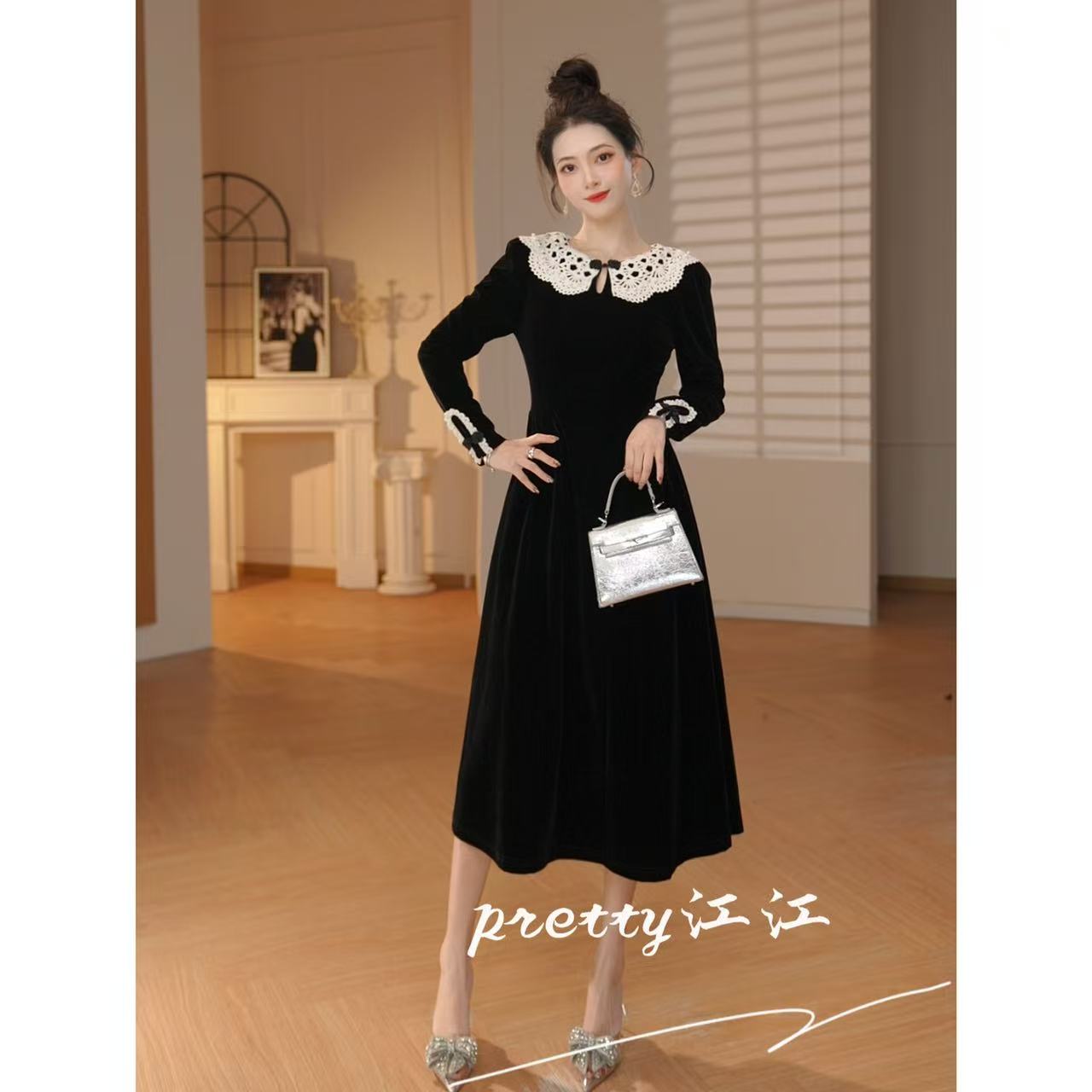 Pretty小众设计师品牌江江定制 法式拼接气质赫本风连衣裙45421