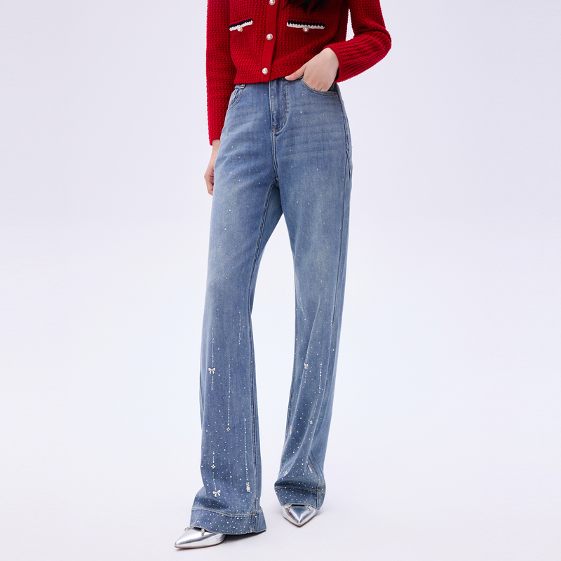 朗姿/莱茵【东方灵韵】烫钻微弹直筒牛仔裤浅雾霾蓝色LDHANBDPT801