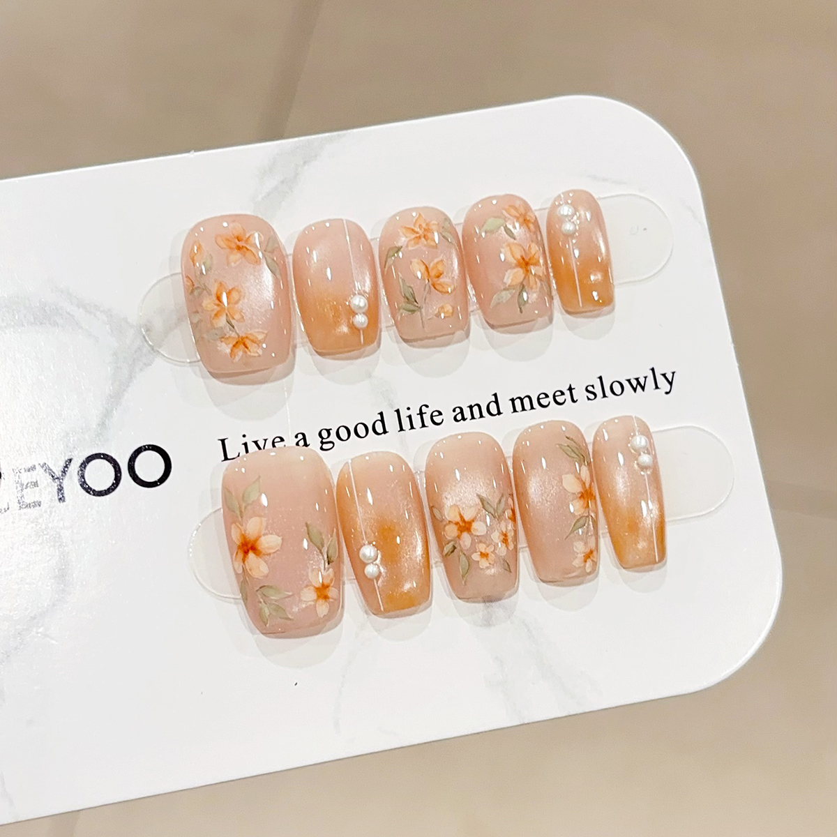 【冷清秋】水彩手绘花花猫眼晕染纯手工穿戴甲可拆卸成品美甲贴片