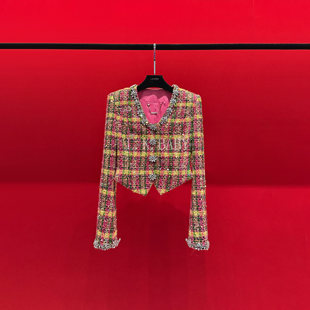 【L.K.BABY】香奢织梦M 气质轻奢水晶花钻饰彩格粗花呢香香外套