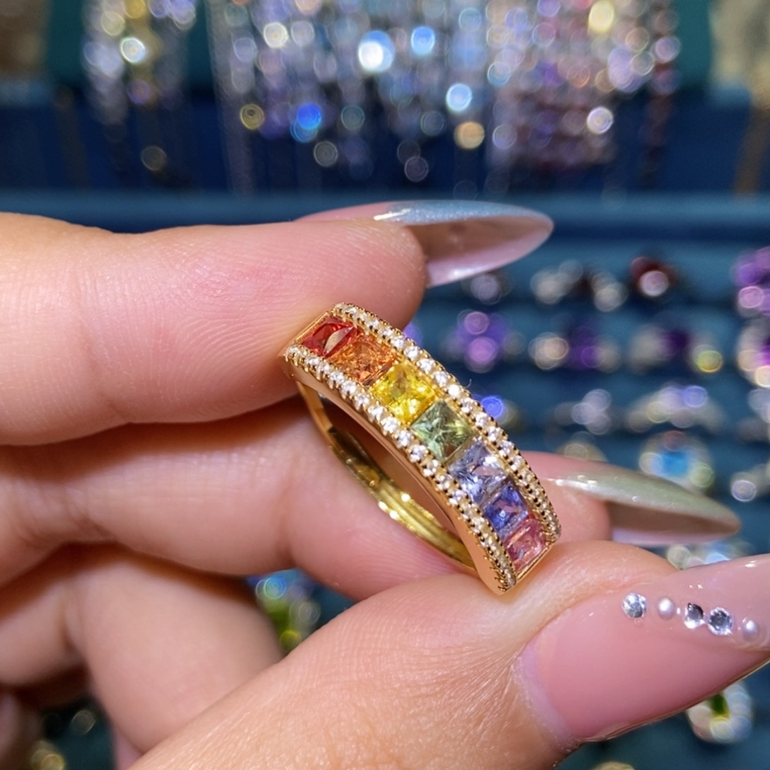 戒指彩色蓝宝石银S925镶嵌