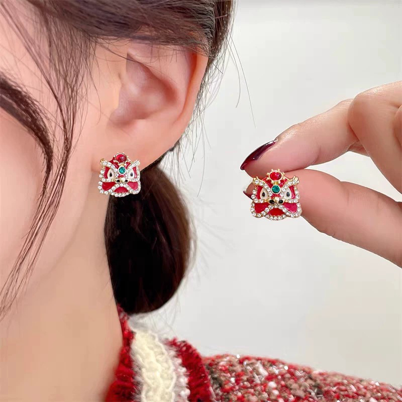 铜合金耳饰 新年醒狮耳环喜庆春节中国风精致国潮百搭耳饰女E2293