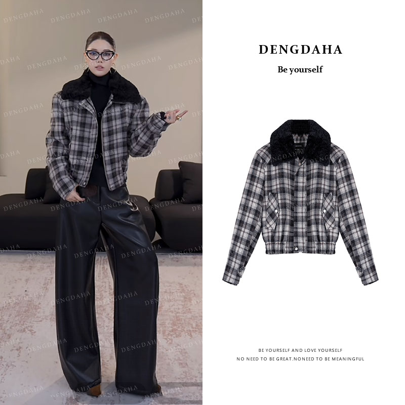 DENGDAHA「瑞士雪山」羊毛冬季大毛领可拆卸保暖外套夹绒大衣A9074