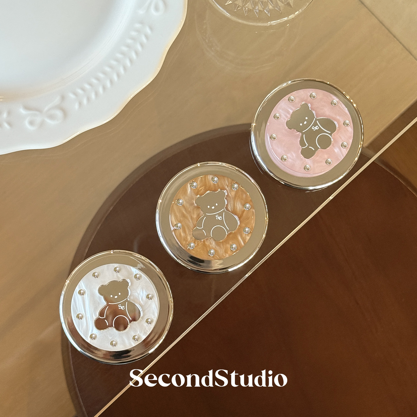secondstudio原创可爱镜面小熊钻钻醋酸磁吸手机支架小众设计粉色