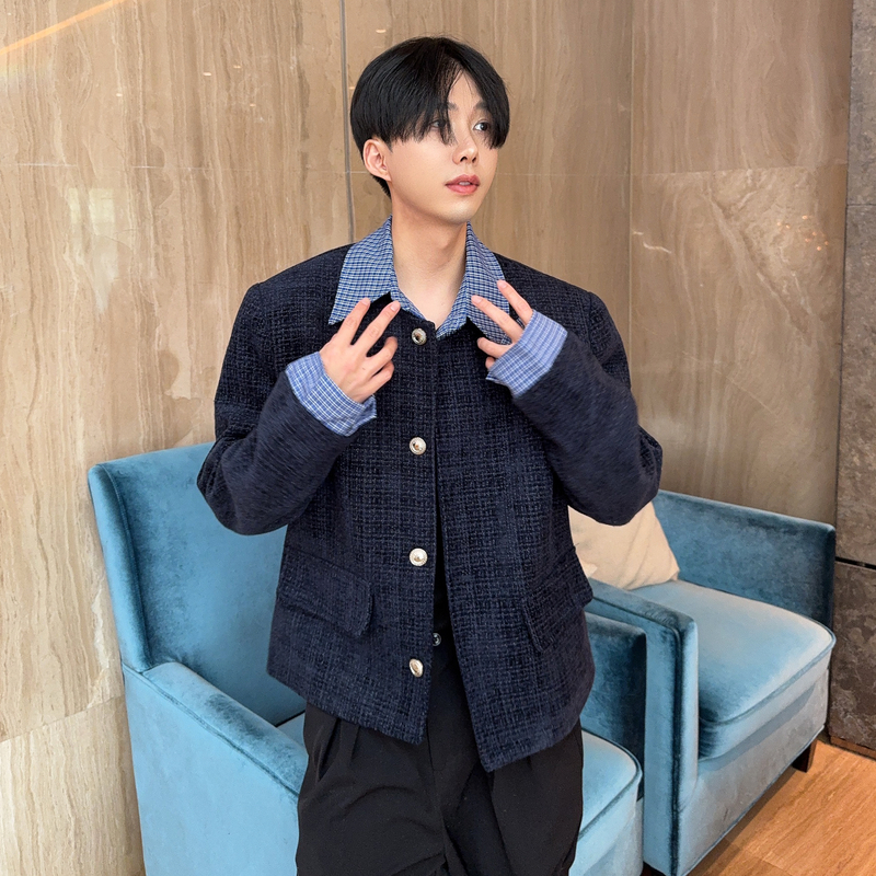 陈大富原创新款2025春秋假两件小香风拼接格子外套男士粗花呢夹克