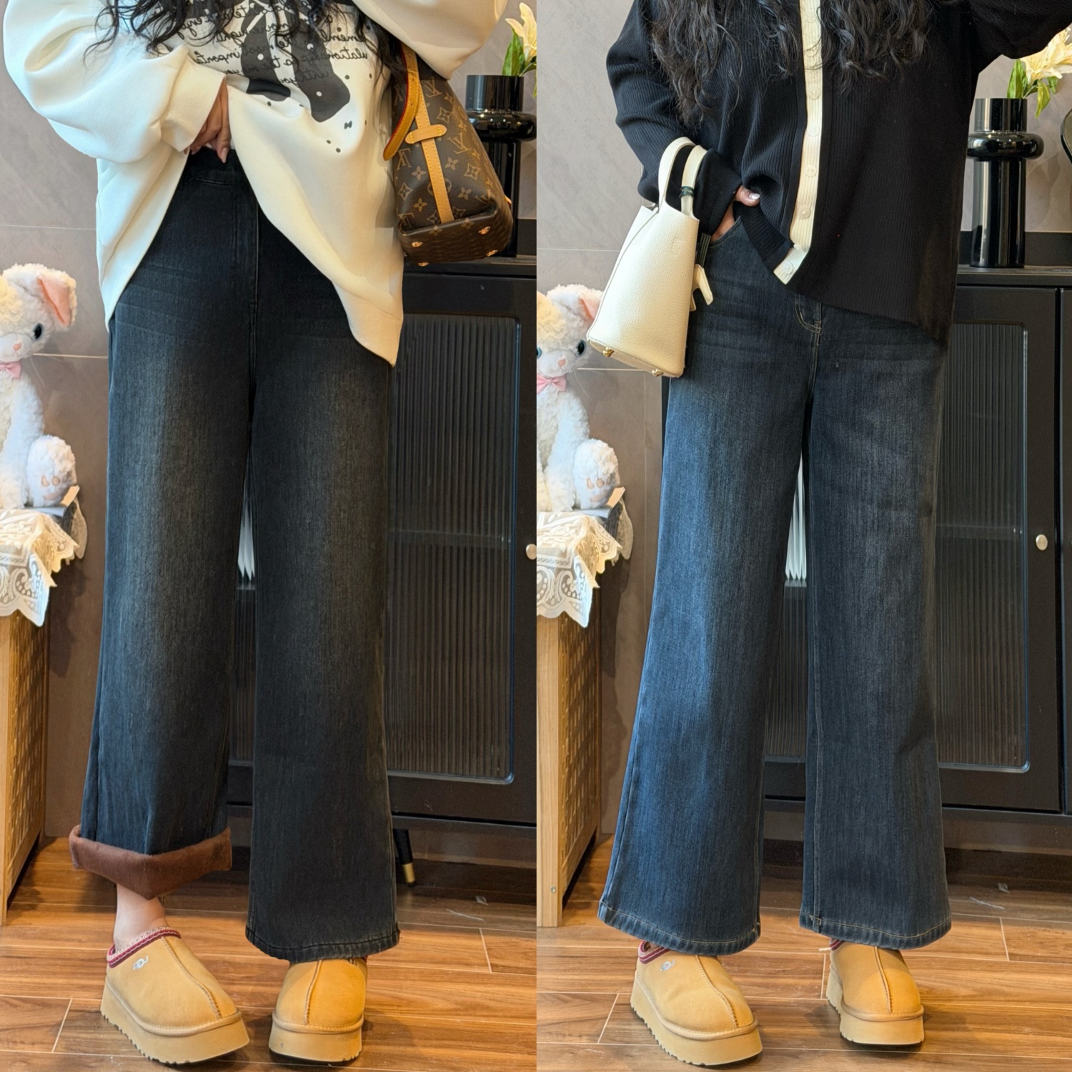 花契“樱奶松饼”大码女装冬季宽松200斤胖mm飒爽微喇牛仔裤15150-H