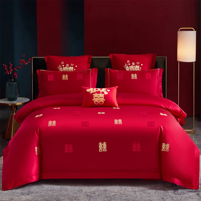 全棉纯棉婚庆结婚用品大红绣花四件套印花刺绣被套床单家纺喜庆