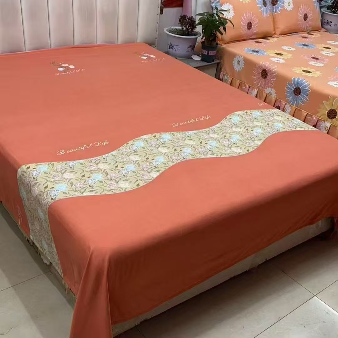 （送一对枕套）（花开盛典橘色）四季款亲肤棉单独床单