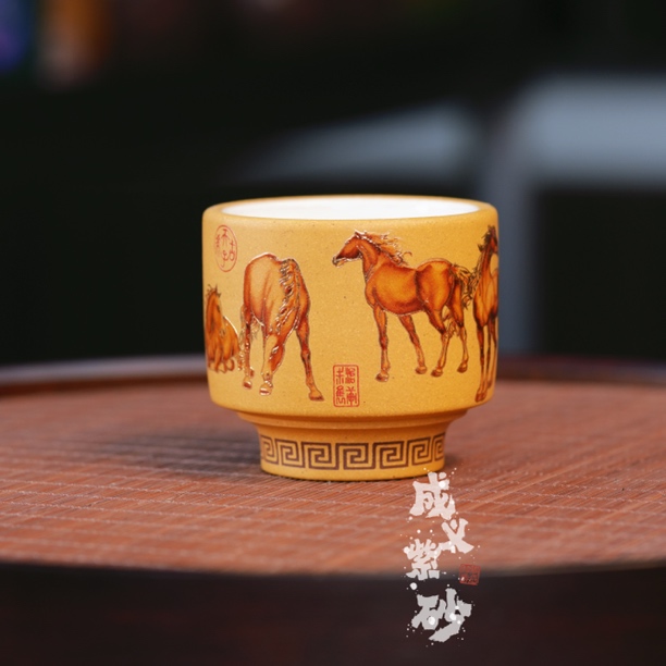 宜兴全手工紫砂茶具原矿黄金段泥卡金丝八骏图朱永良主人杯品茗杯