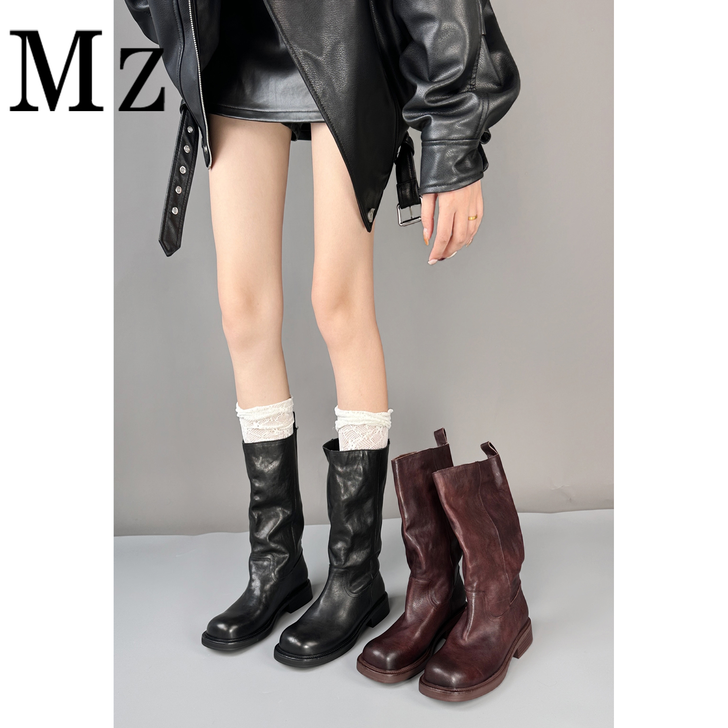 Mr.Zheng/3.5cm/头层水洗牛皮/圆头复古百搭中筒靴秋冬女真皮靴子