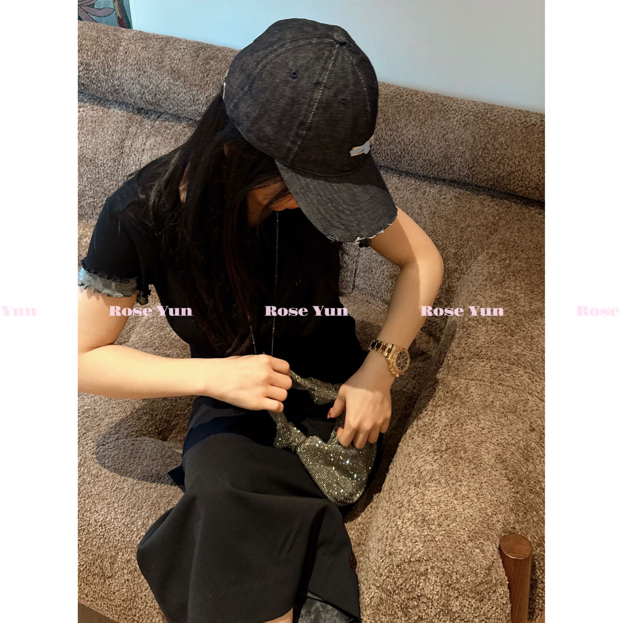 【Rose Yun】miu系少女 印花撞色木耳边假两件短袖上衣 JY045096