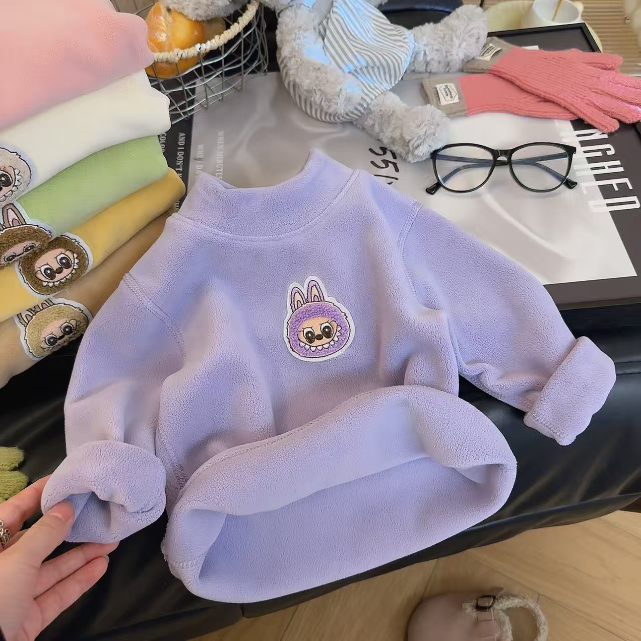加绒加厚款秋冬卡通风卫衣加绒男女童韩版半高领卡通上衣加厚童装