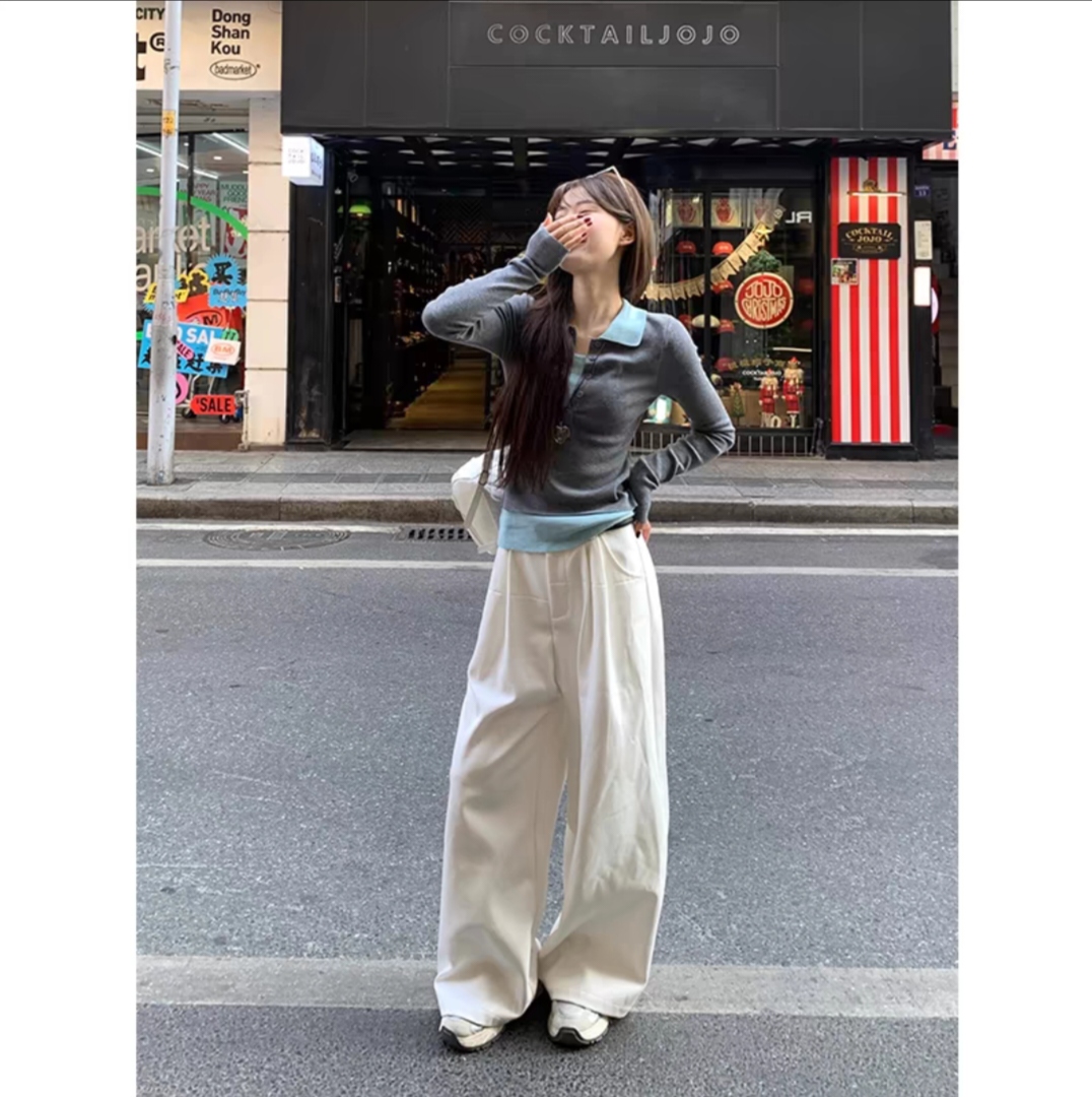 宋正恩白色阔腿时尚休闲裤女春慵懒风直筒高腰显瘦拖地长裤ST767