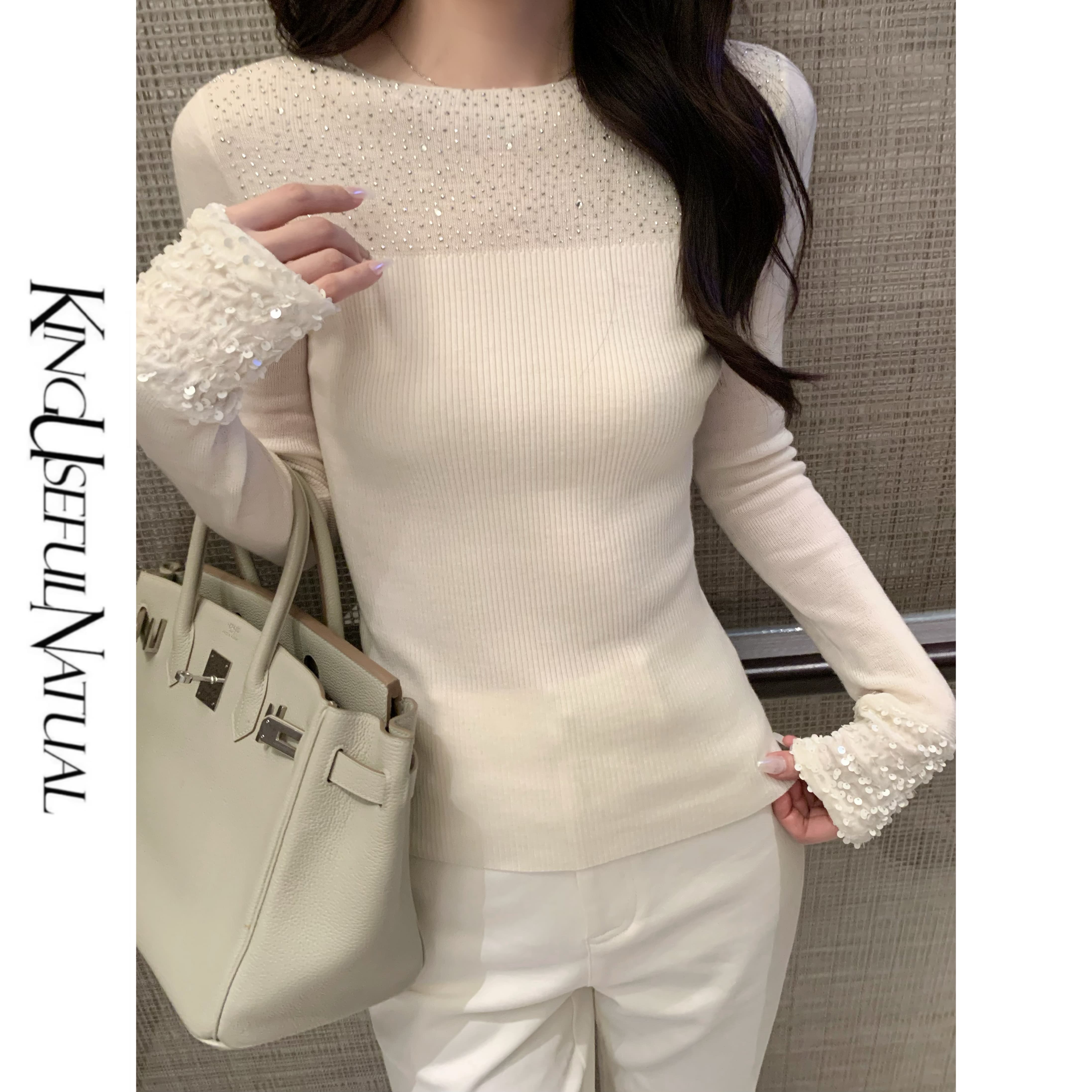 KUN【光织梦】搭配高手 全羊毛扬子纱千金风秋冬百搭米白打底上衣