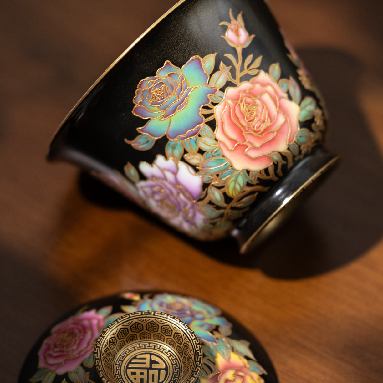 宝蕴阁乌金釉玫瑰盖碗铃铛杯茶具整套