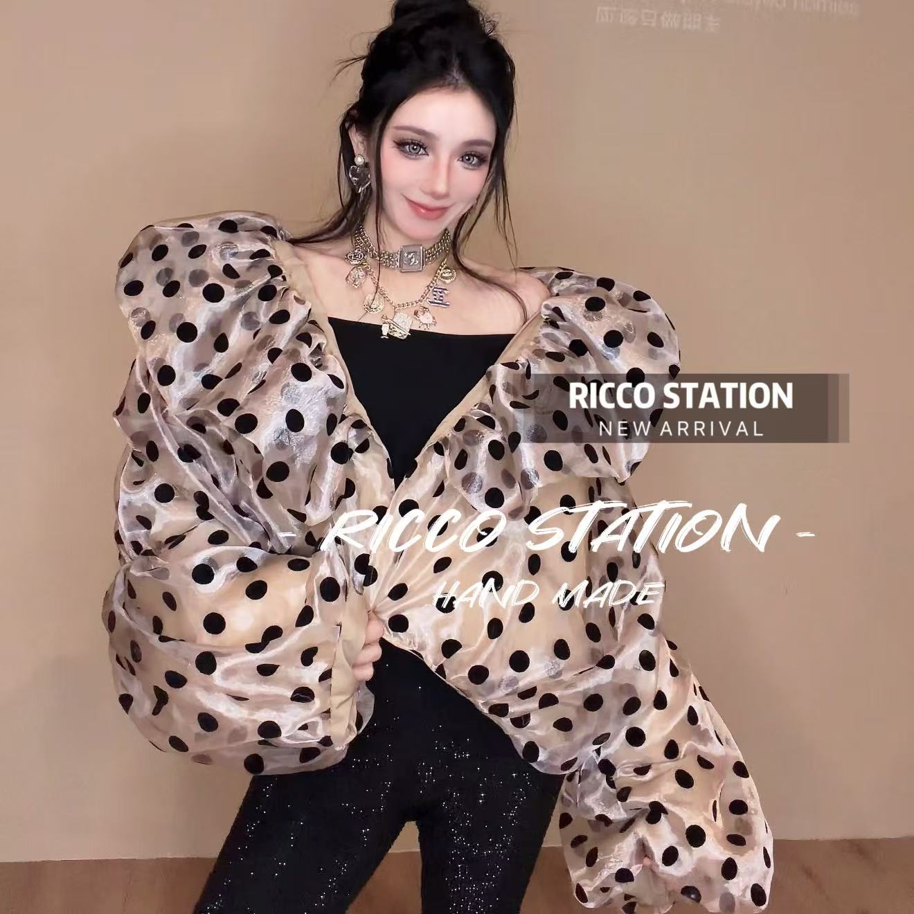 陈腰精CC设计师款重工大伯点纱荷叶边轻奢风名媛风网红炸街高级感