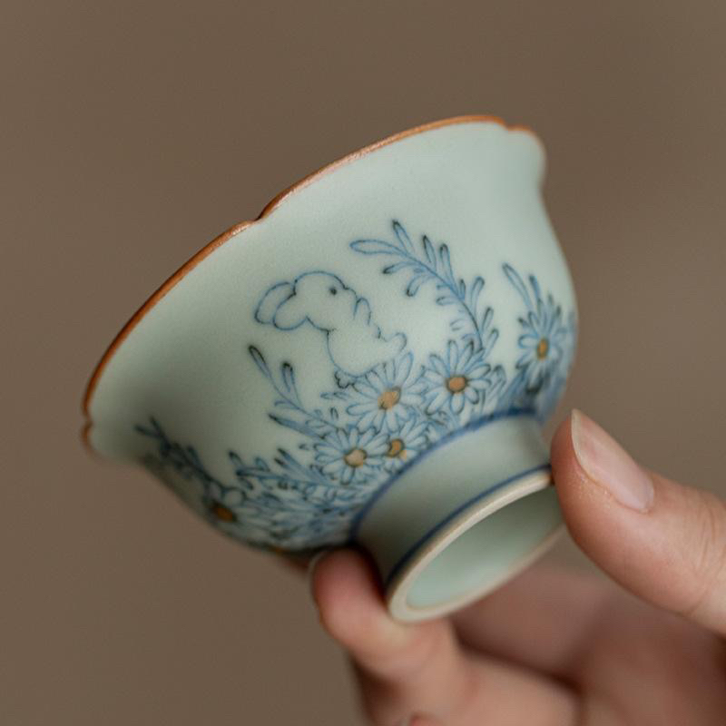 摩吉 亚青萌兔主人杯花口杯单杯泡茶杯客杯单个家用功夫茶具G2143