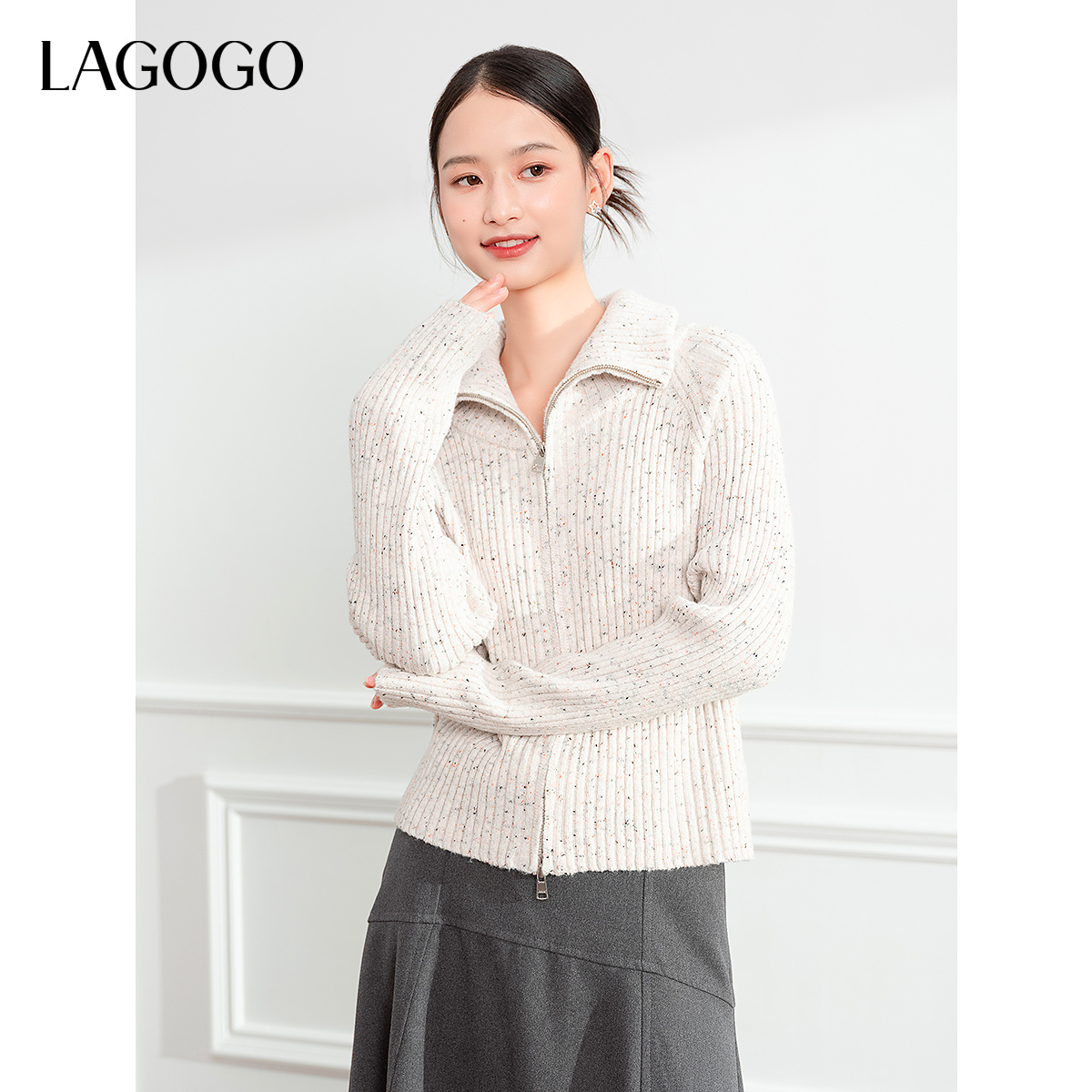 【立子】lagogo拉谷谷可翻可立肌理感舒适针织衫女NCMM869A21