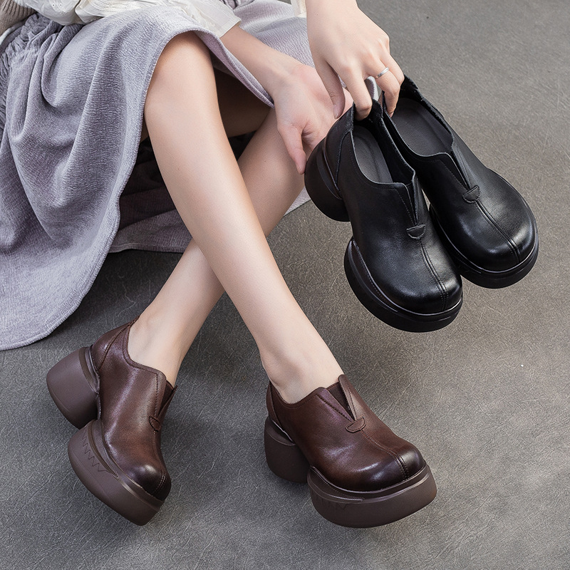 英伦风时尚厚底单鞋增高舒适粗跟百搭圆头乐福鞋复古风女鞋女士