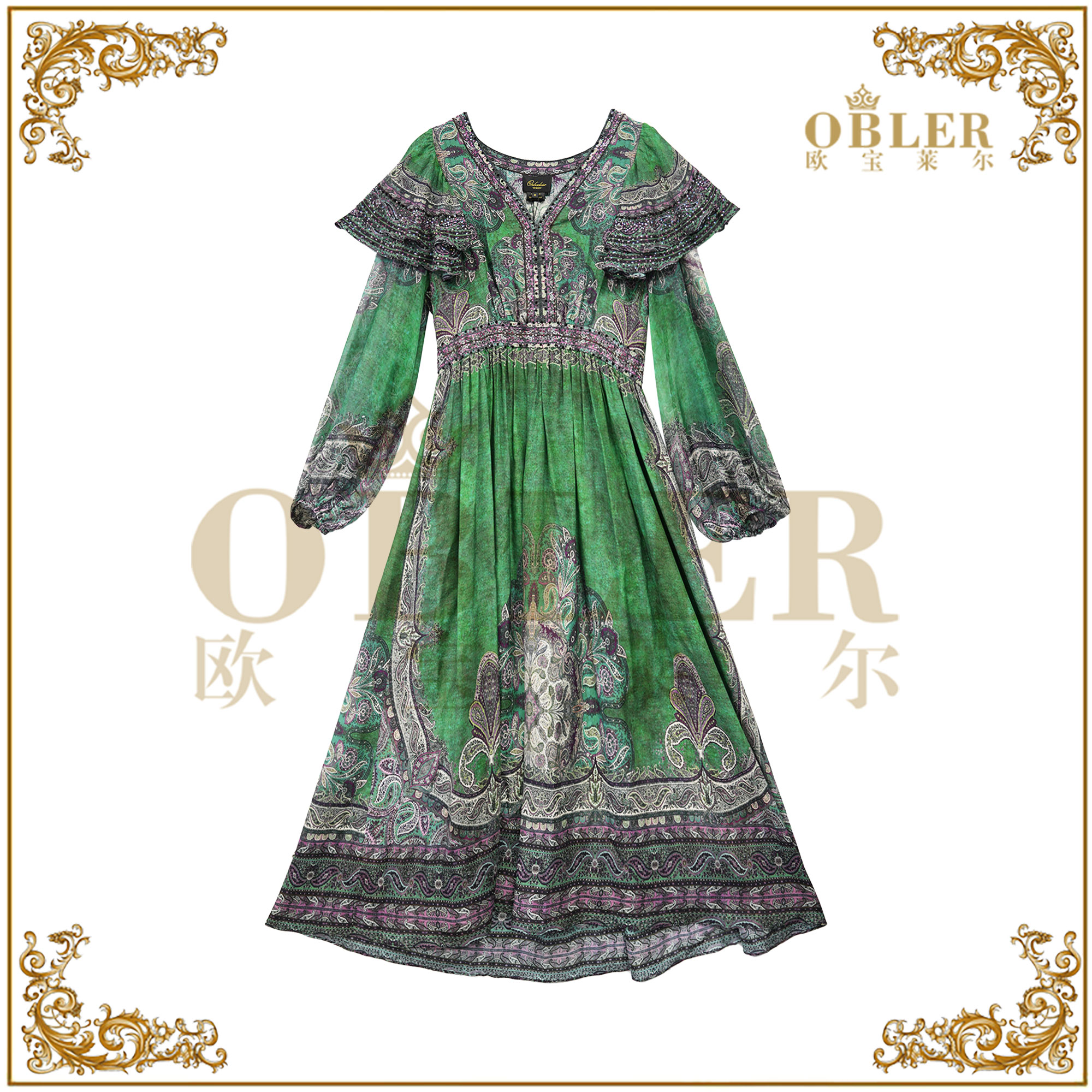 【欧宝莱尔】OBLER轻奢2025春夏出游时尚新款连衣裙305-25272绿色