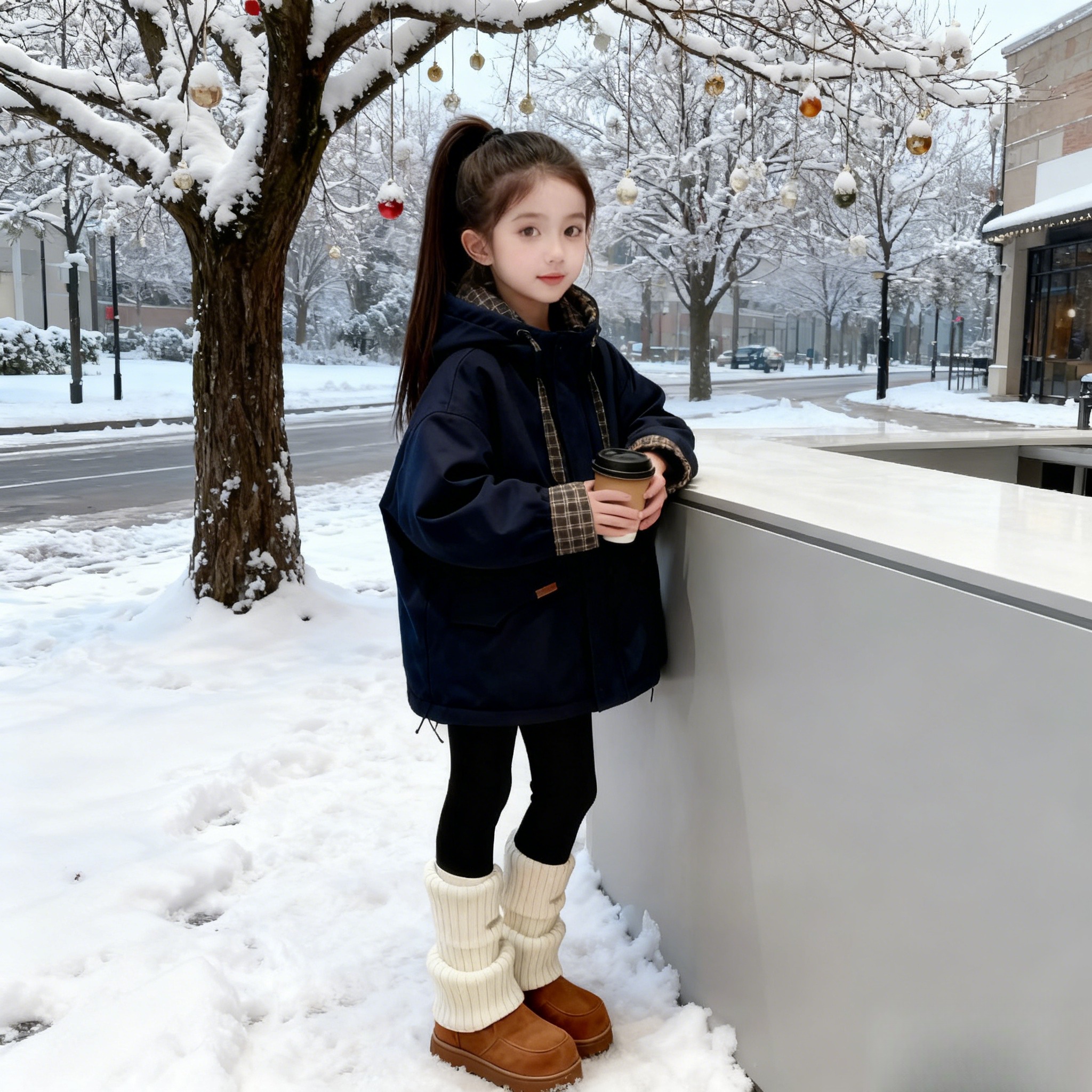 女童藏青色格子拼接连帽加绒外套冬装新款韩系宽松百搭派克服