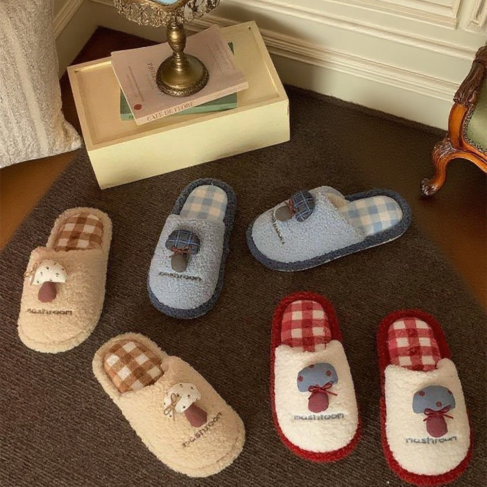 细细条 秋冬居家趣味撞色小蘑菇棉拖鞋女软底防滑毛绒保暖毛毛鞋