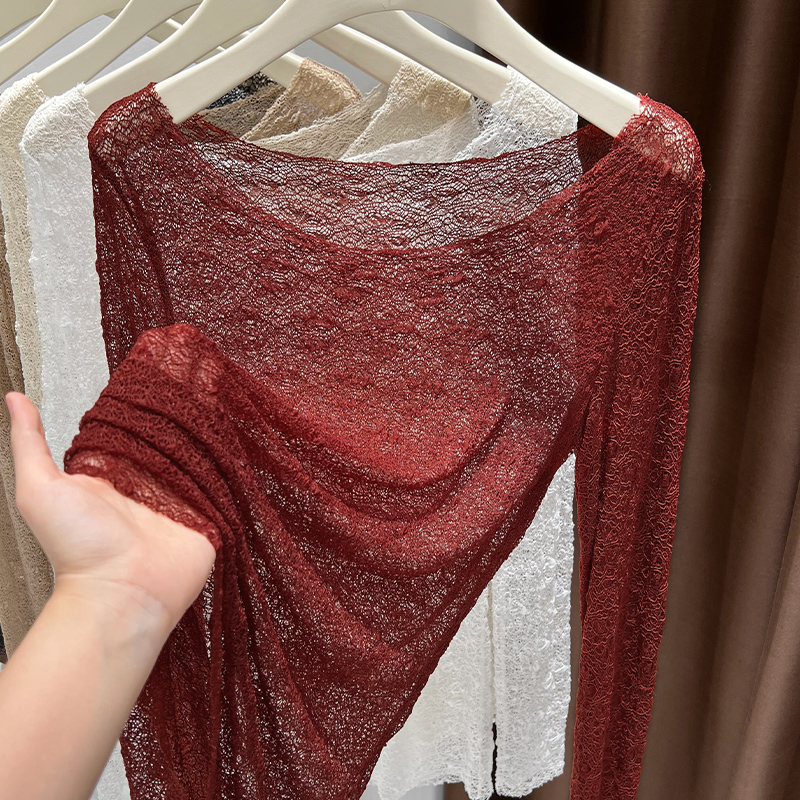 安可拉红色蕾丝打底衫女新款洋气小衫漂亮低领纱衣内搭薄透款上衣