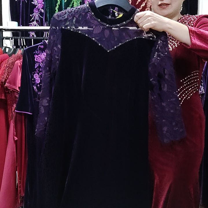 紫色进口金丝绒拼接款连衣裙4xl140斤以内