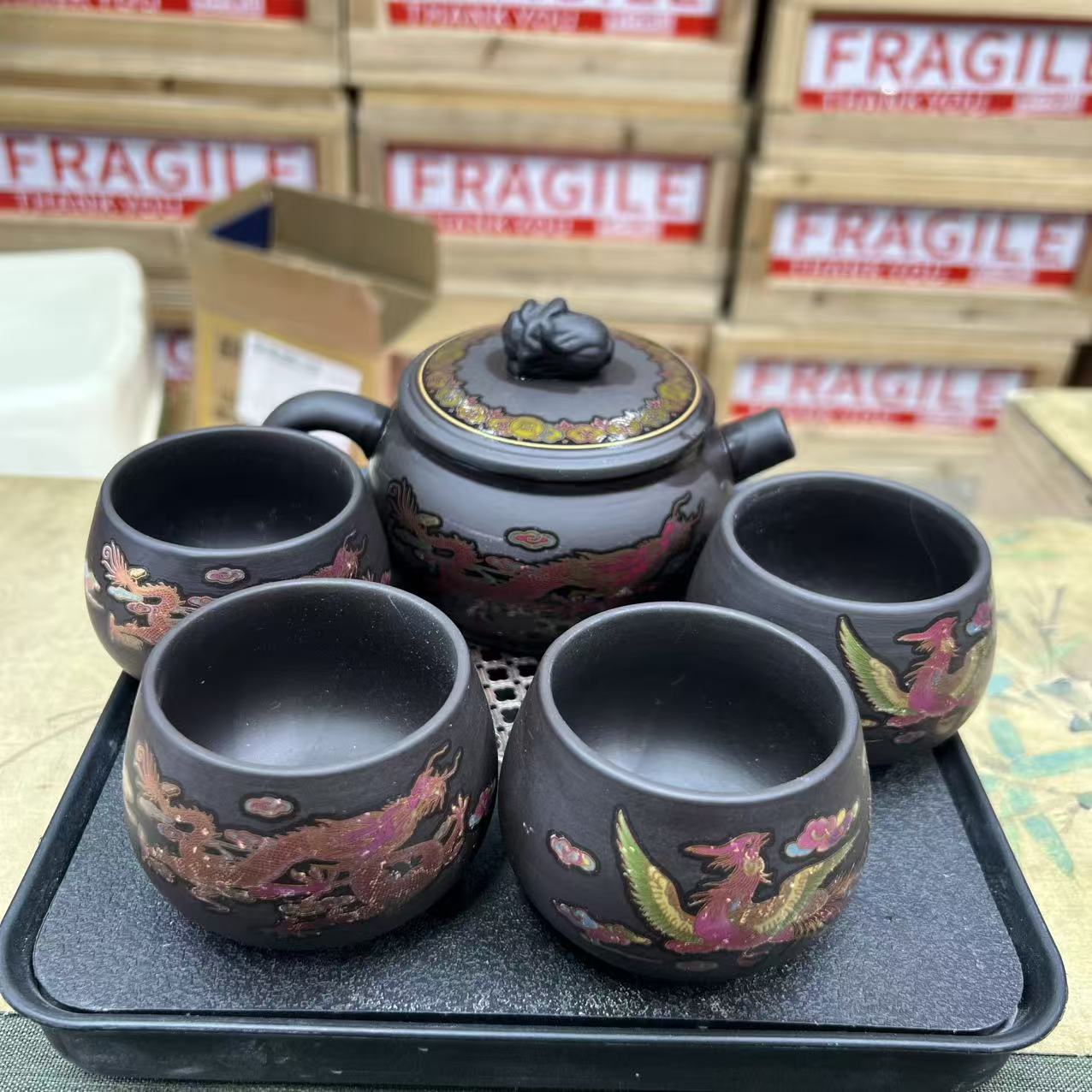 黑泥紫砂百财龙凤大肚壶加四杯家用茶具套组-2906