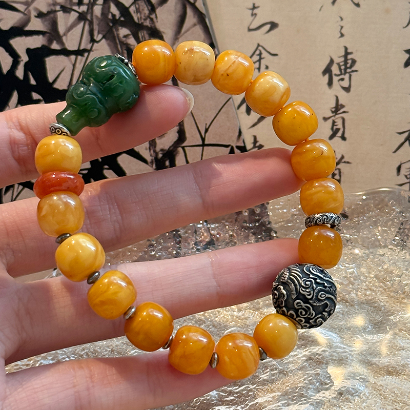 敦煌飞天 925银手链 S09105黄珠葫芦凤凰翠圈串珠弹力手串手工