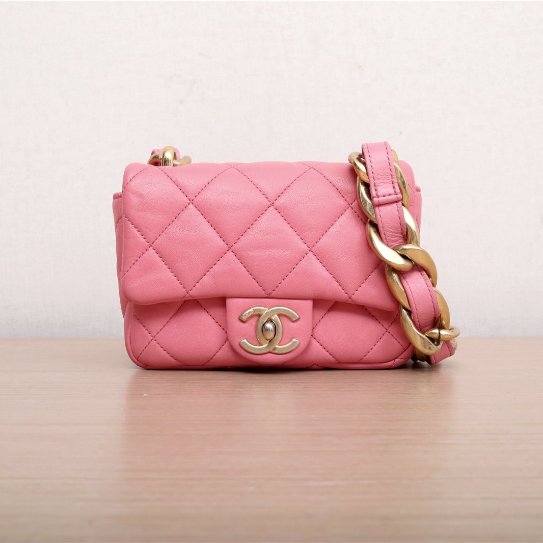 95新 Chanel/香奈儿 活动黑黑22P 粗链条单肩包 MINI 17 粉色包