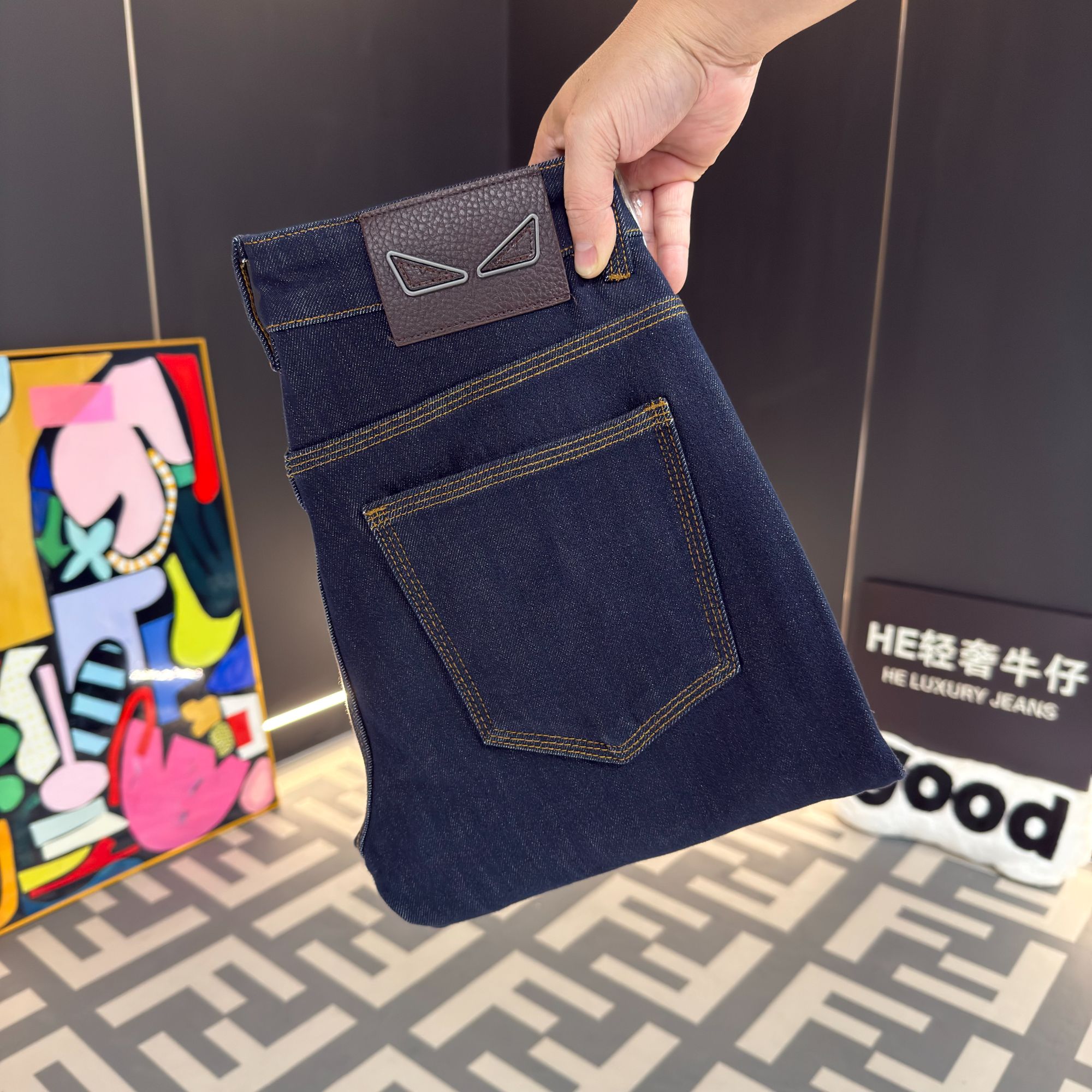 【HE轻奢】秋冬厚款深蓝中腰男牛仔裤修身弹力三本针原色男士长裤