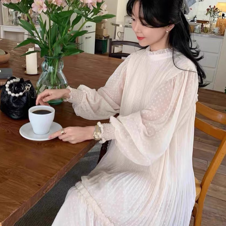 【HUARONG】甜美气质木耳边立领褶皱感灯笼袖波点连衣裙