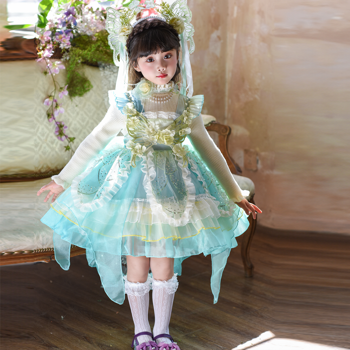 橙意女童公主裙斑斓公主洛丽塔洋气连衣裙宝宝纱裙生日表演礼服