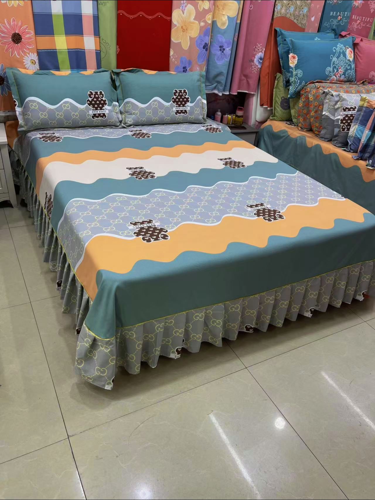 （小熊饼干绿色）加厚磨毛暖绒棉单独床裙