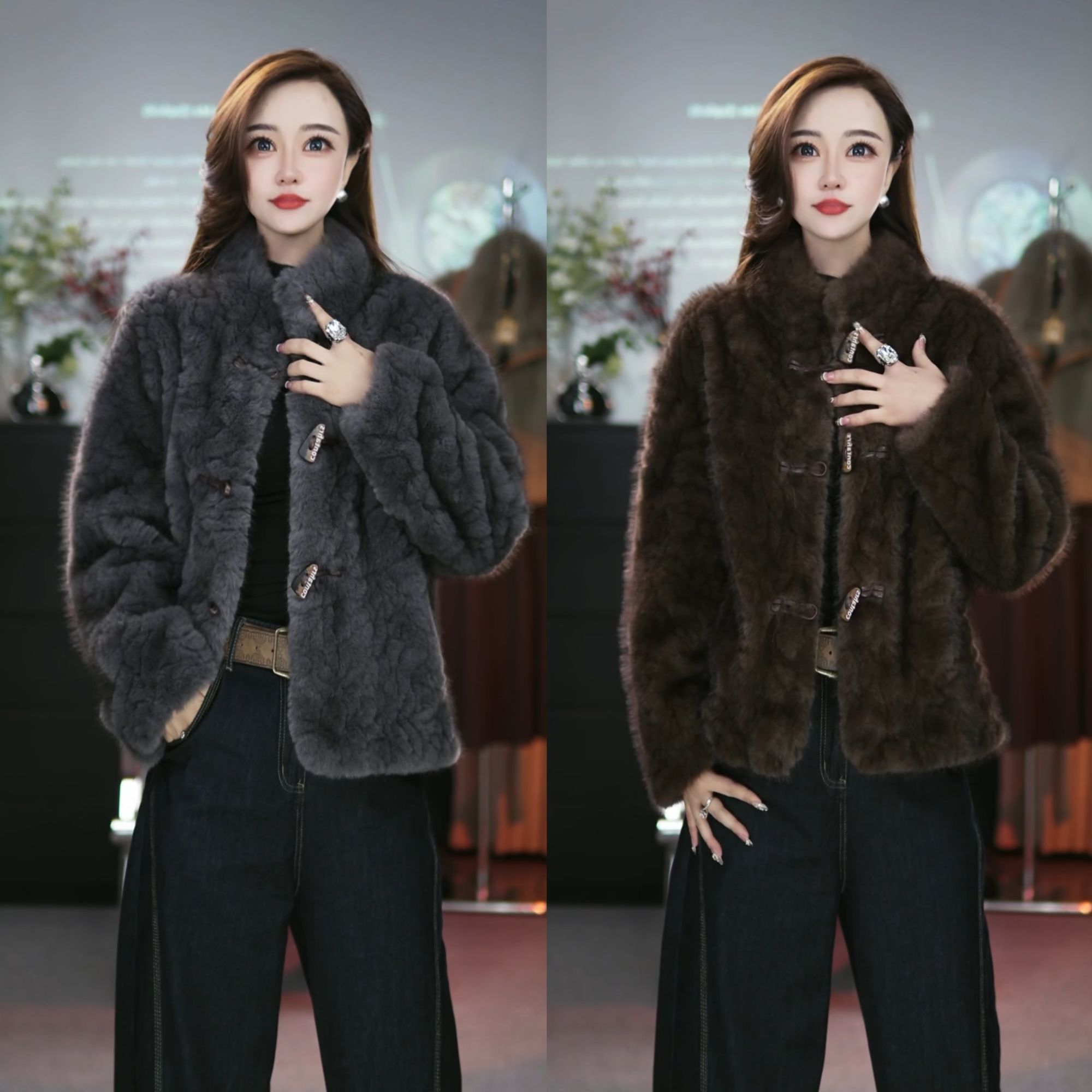 海宁皮毛一体短款立领牛角扣外套显瘦气质秋冬款时尚拼接轻奢1120