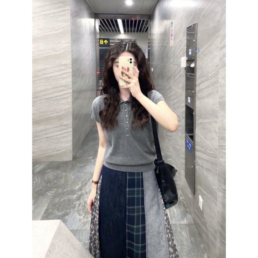 INS CEC复古日系简约风polo领针织衫女设计拼接牛仔半身裙套装