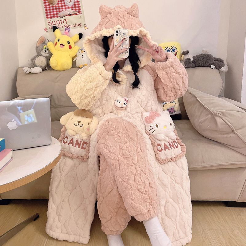 三层夹棉加厚加绒睡袍可外穿冬季睡衣女士卡通珊瑚绒家居服 9058