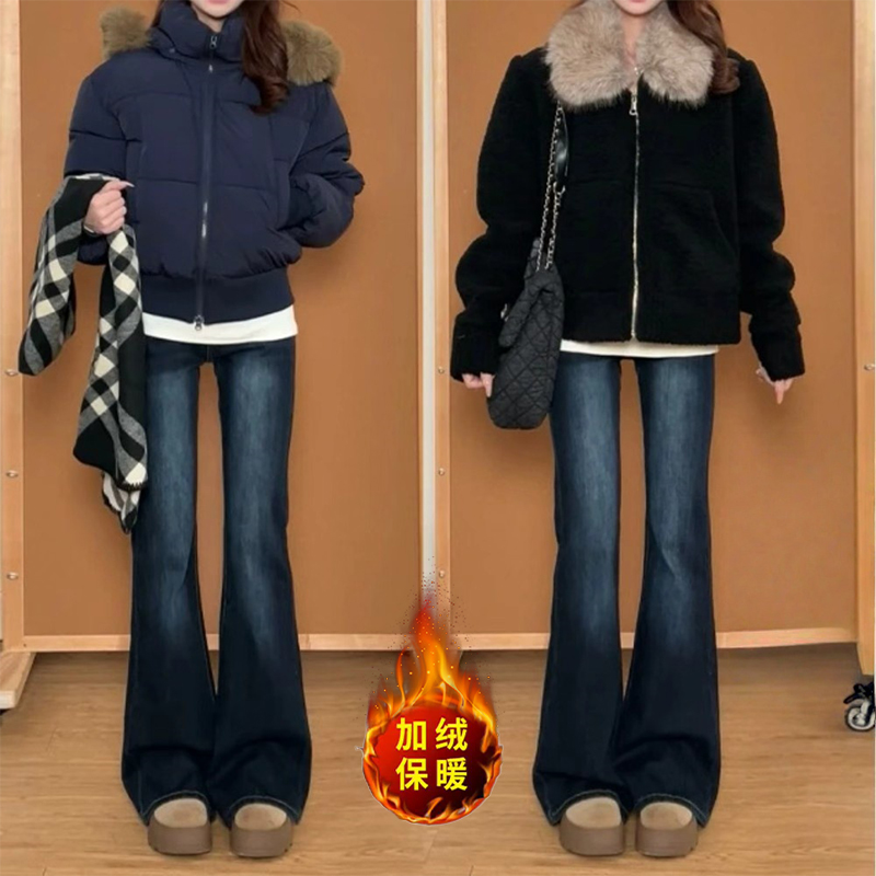 美式复古加绒微喇牛仔裤女秋冬新款修身弹力不贴腿直筒喇叭裤子潮