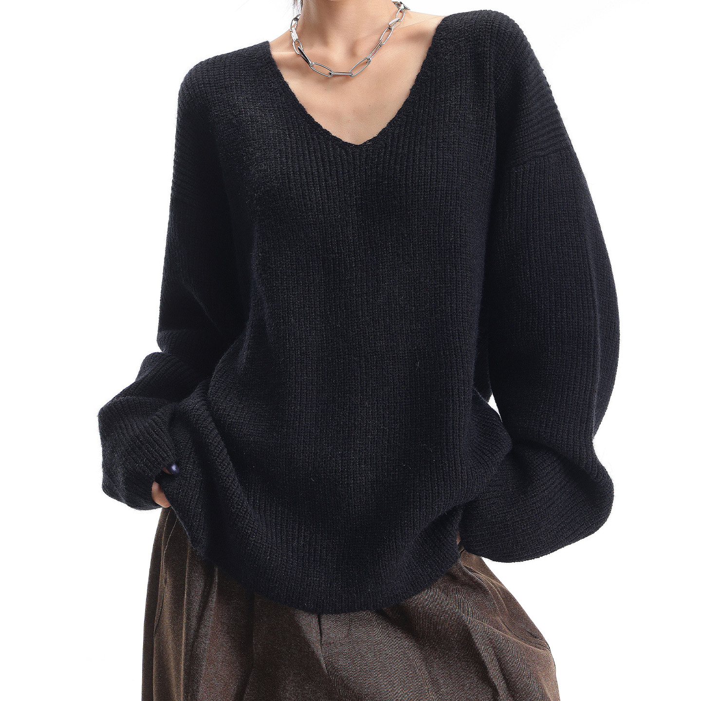 KEN STUDIO秋冬黑色V领针织毛衣女慵懒风宽松显瘦套头针织衫上衣