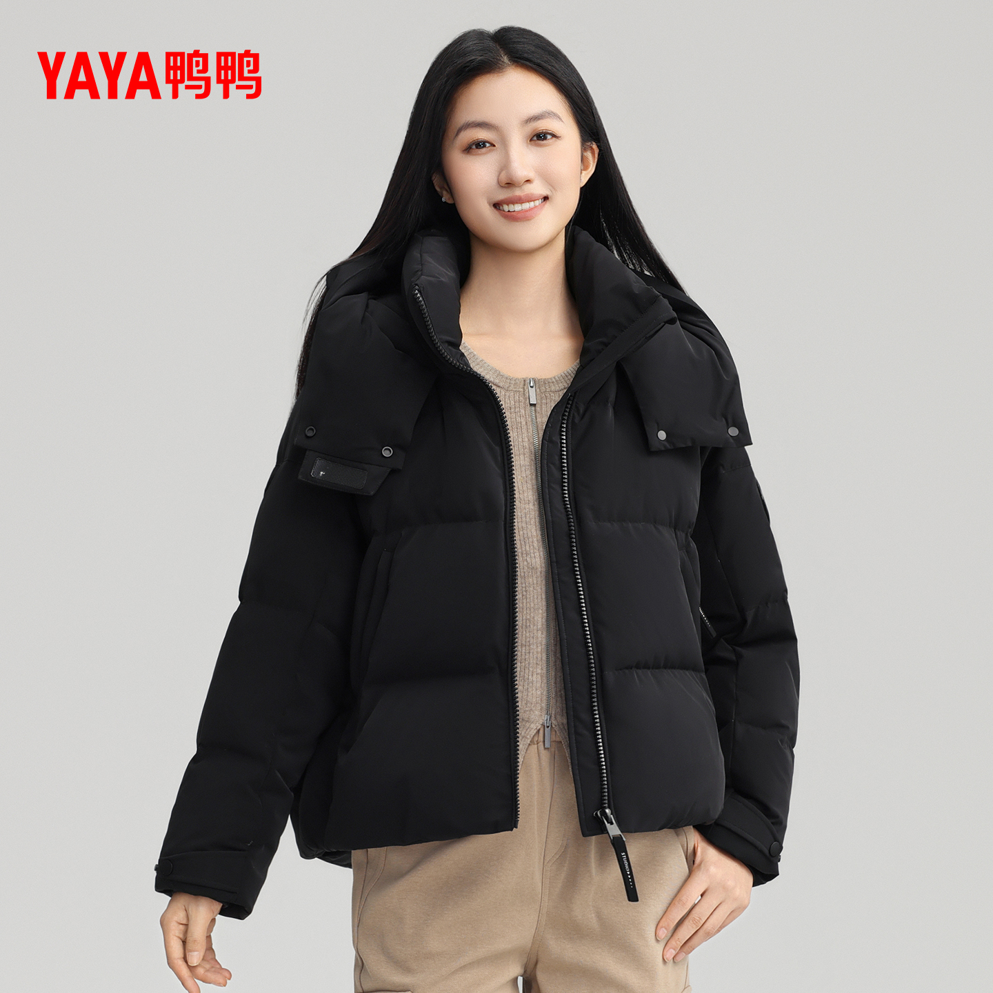 YAYA/鸭鸭90绒女新款短款连帽宽松潮流百搭休闲外套YE5B605702H