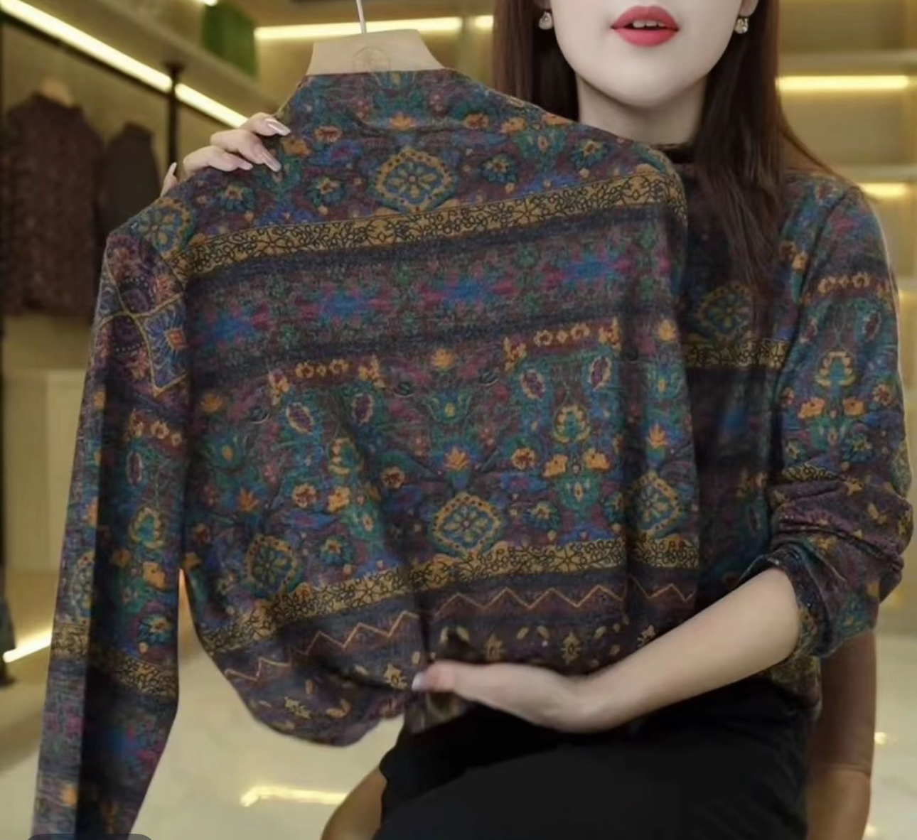 Coco-德绒繁花复古百搭休闲气质长袖打底衫新款#947