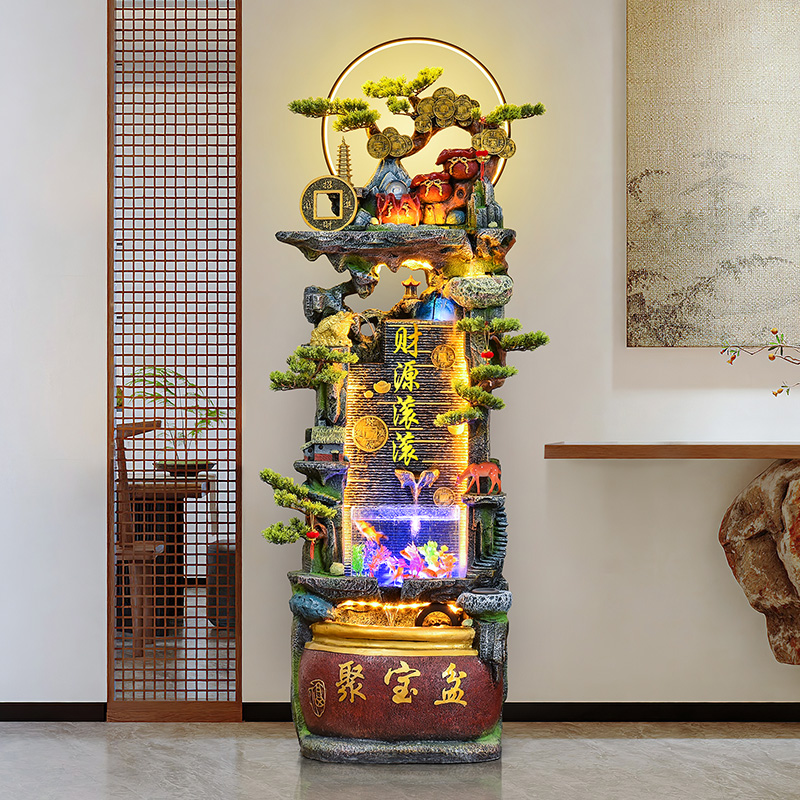 新中式假山流水生财摆件聚宝盆鱼缸客厅办公室落地水景开业乔迁礼