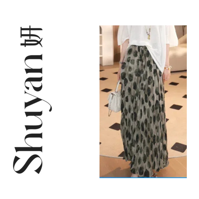 Shuyan妍【水波裙】褶皱肌理长裙显瘦松紧高腰波点花裙639152