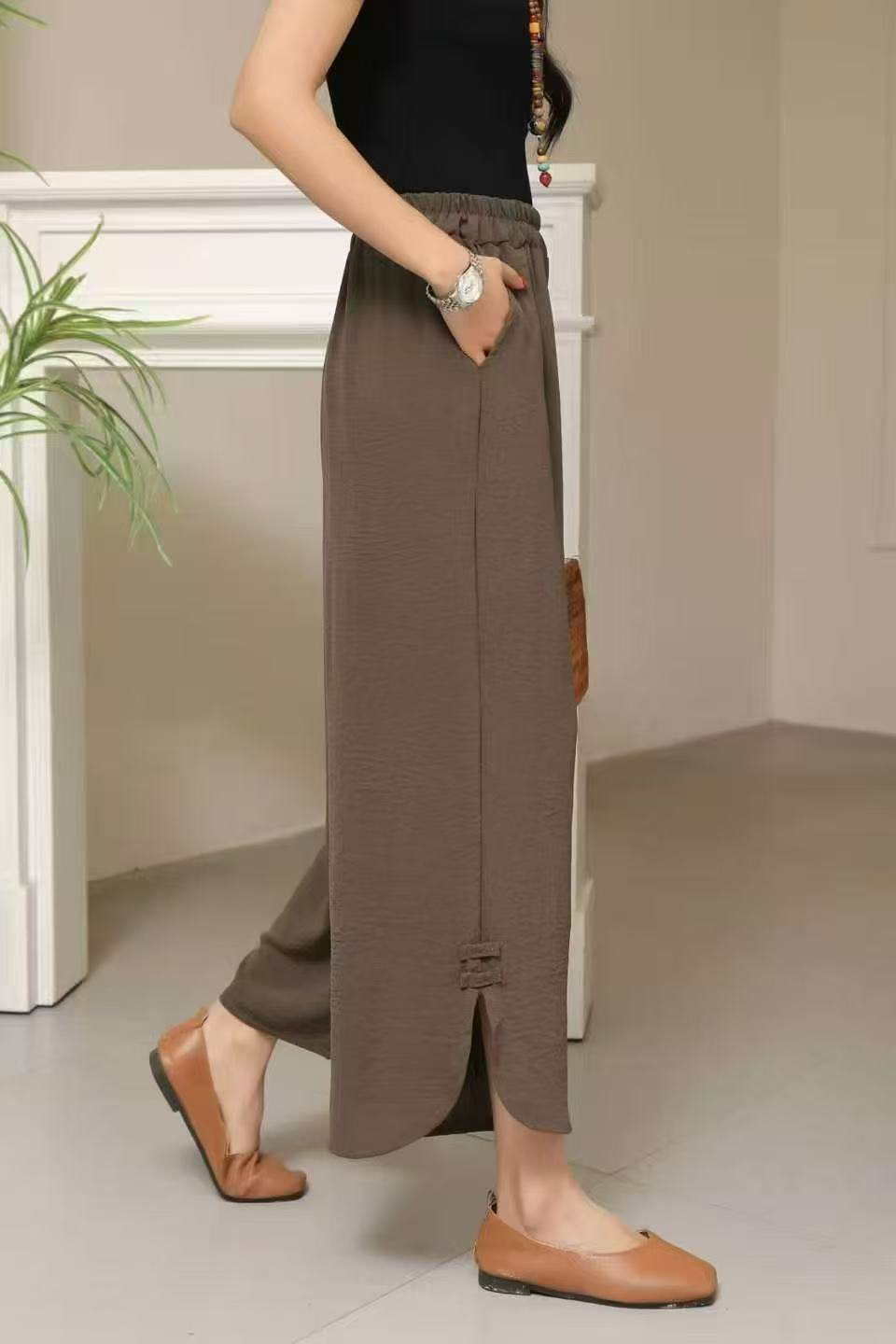 立体剪裁夏季高腰阔腿裤休闲裤百搭显瘦纯色长裤开叉