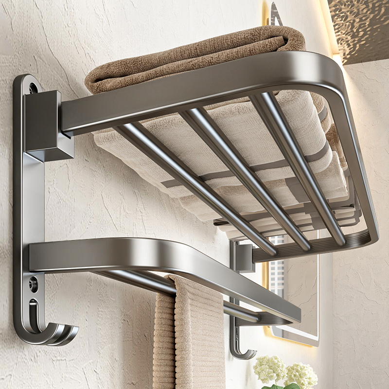 天地鱼枪灰毛巾架卫生间免打孔浴室置物架一体挂架厕所浴巾架套件