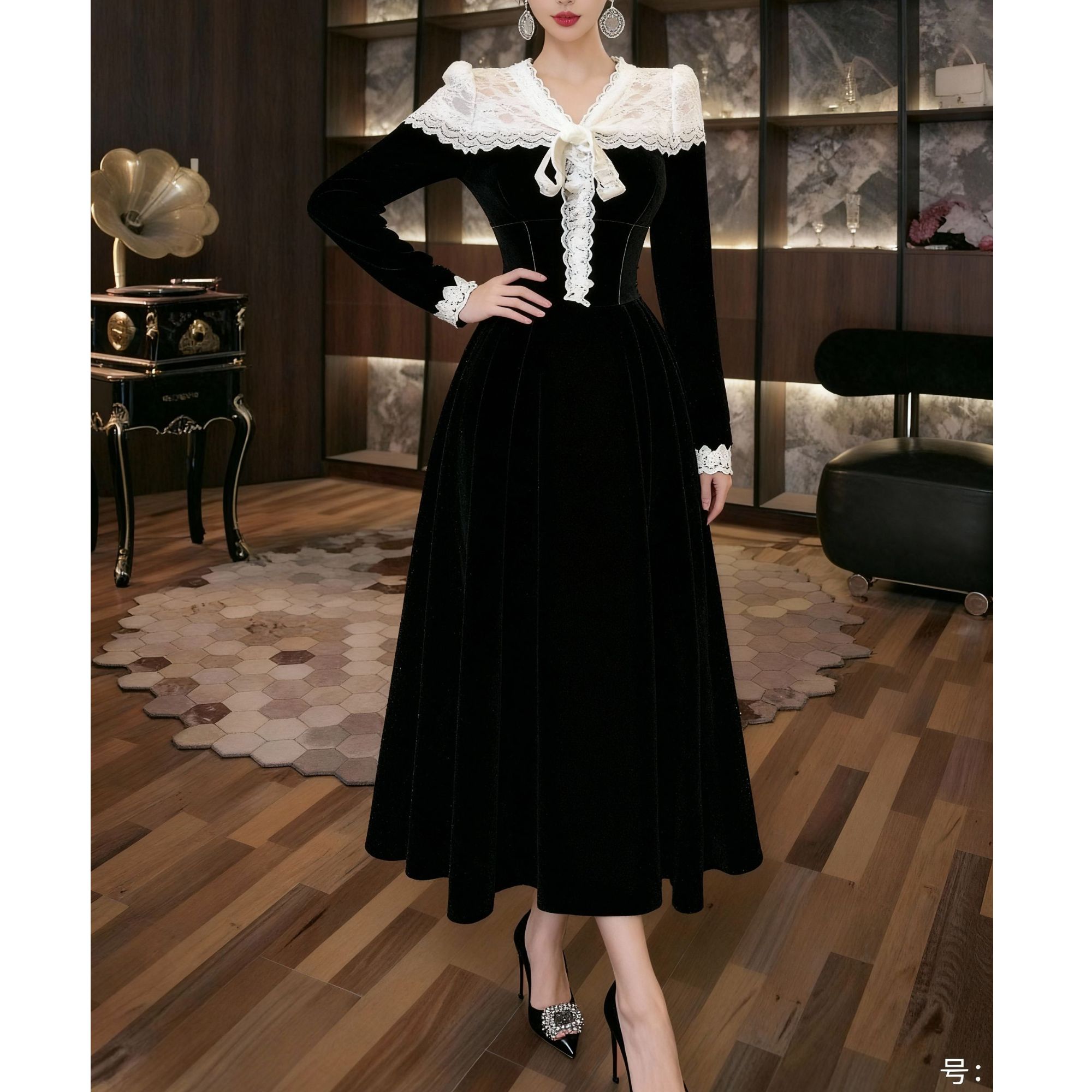 六爻定制 修身拼接显瘦气质长袖轻奢法式名媛宴会连衣裙 419999