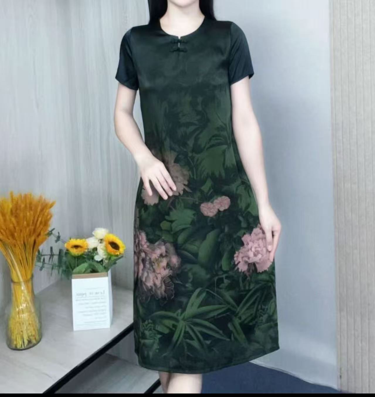 （绿叶成荫）复古休闲气质中长款显瘦宽松时尚妈妈装连衣裙
