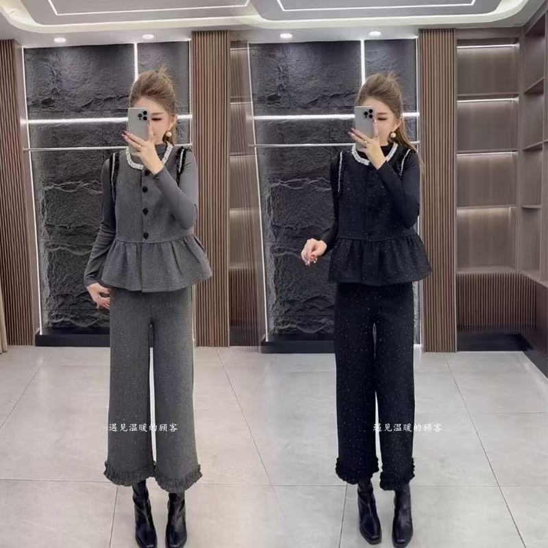 LL琳大码时尚套装女韩版学院风拼接马甲打底衫阔腿裤三件套1210